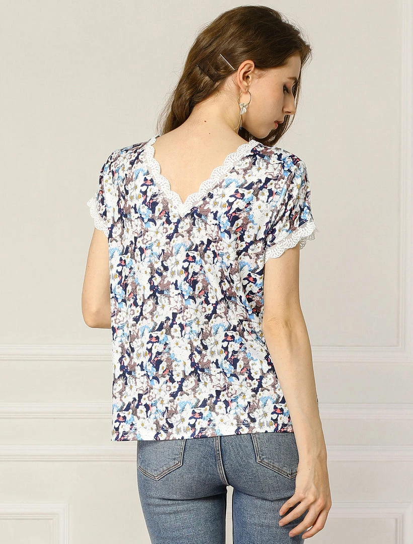 Allegra K Women's Floral Short Sleeve Back V Neck Lace Trim Casual Tee T-Shirt 7 Allegra K Women's Floral Short Sleeve Back V Neck Lace Trim Casual Tee T-Shirt