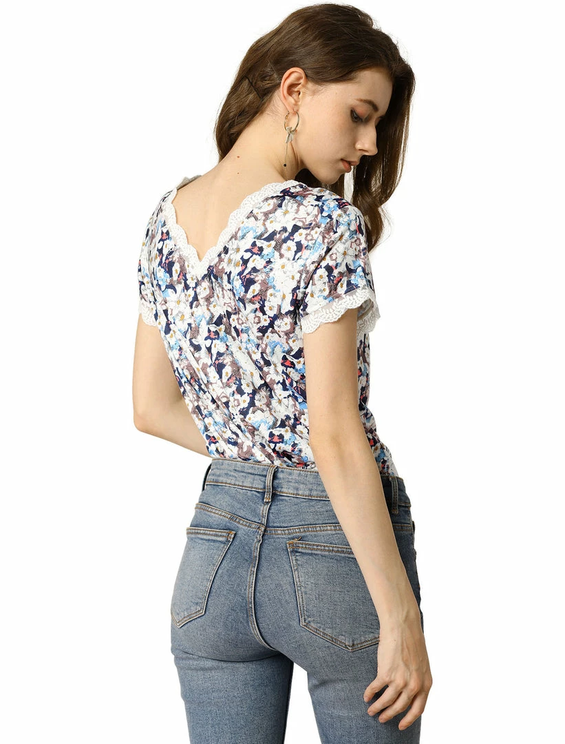 Allegra K Women's Floral Short Sleeve Back V Neck Lace Trim Casual Tee T-Shirt 3 Allegra K Women's Floral Short Sleeve Back V Neck Lace Trim Casual Tee T-Shirt
