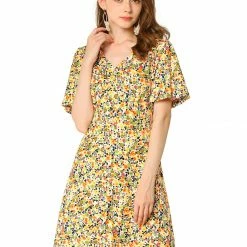 Allegra K Women's Floral Print Flare Puff Short Sleeve Cute V Neck A-Line Dress