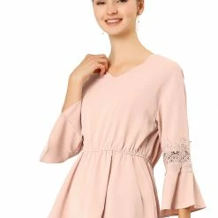 Allegra K Women's V Neck Crochet Lace Bell Sleeves Peplum Blouse Top 16 Allegra K Women's V Neck Crochet Lace Bell Sleeves Peplum Blouse Top