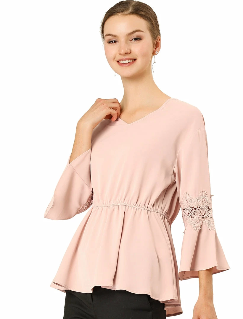 Allegra K Women's V Neck Crochet Lace Bell Sleeves Peplum Blouse Top 5 Allegra K Women's V Neck Crochet Lace Bell Sleeves Peplum Blouse Top