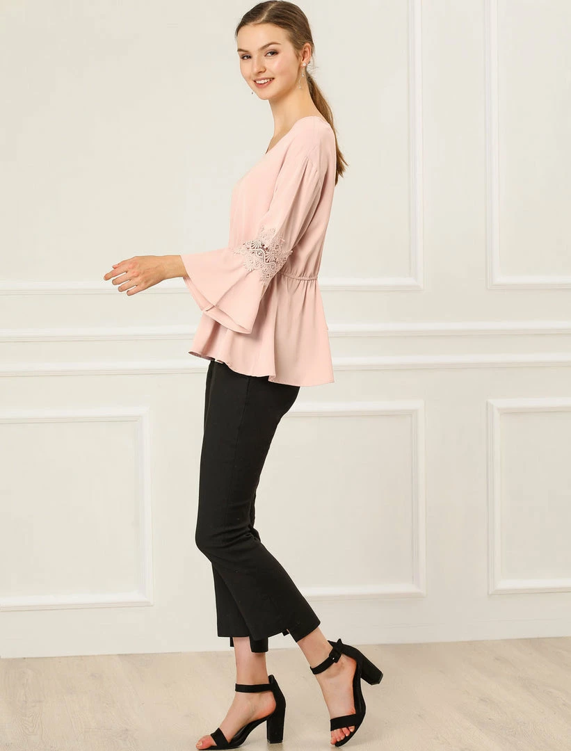 Allegra K Women's V Neck Crochet Lace Bell Sleeves Peplum Blouse Top 6 Allegra K Women's V Neck Crochet Lace Bell Sleeves Peplum Blouse Top