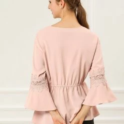 Allegra K Women's V Neck Crochet Lace Bell Sleeves Peplum Blouse Top 18 Allegra K Women's V Neck Crochet Lace Bell Sleeves Peplum Blouse Top