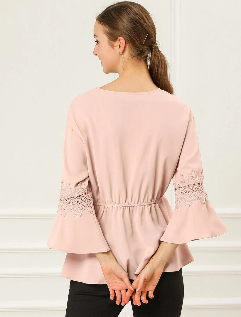 Allegra K Women's V Neck Crochet Lace Bell Sleeves Peplum Blouse Top 7 Allegra K Women's V Neck Crochet Lace Bell Sleeves Peplum Blouse Top