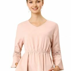 Allegra K Women's V Neck Crochet Lace Bell Sleeves Peplum Blouse Top