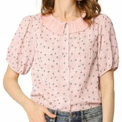 Allegra K Women's Floral Embroidery Blouse Peter Pan Collar Button Down Shirt