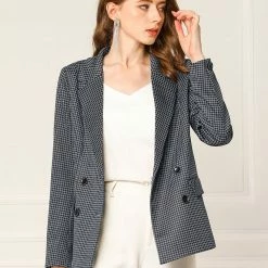 Allegra K Women's Plaid Gingham Double Breasted Open Front Formal Blazer Jacket 15 Allegra K Women's Plaid Gingham Double Breasted Open Front Formal Blazer Jacket