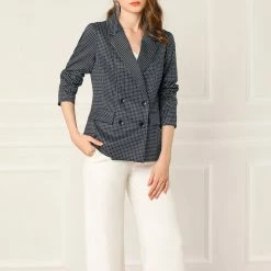 Allegra K Women's Plaid Gingham Double Breasted Open Front Formal Blazer Jacket 16 Allegra K Women's Plaid Gingham Double Breasted Open Front Formal Blazer Jacket