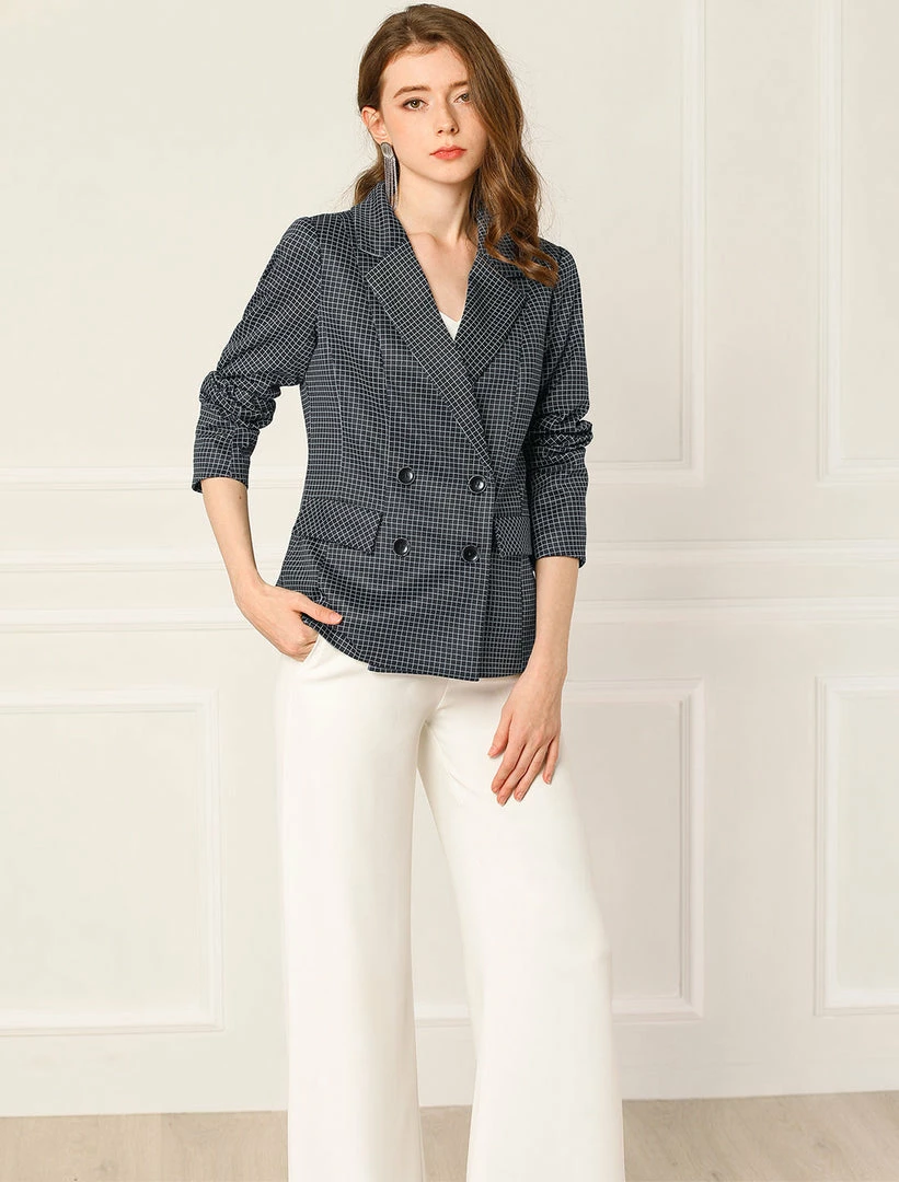 Allegra K Women's Plaid Gingham Double Breasted Open Front Formal Blazer Jacket 5 Allegra K Women's Plaid Gingham Double Breasted Open Front Formal Blazer Jacket