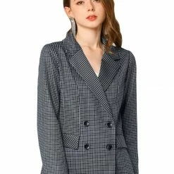 Allegra K Women's Plaid Gingham Double Breasted Open Front Formal Blazer Jacket