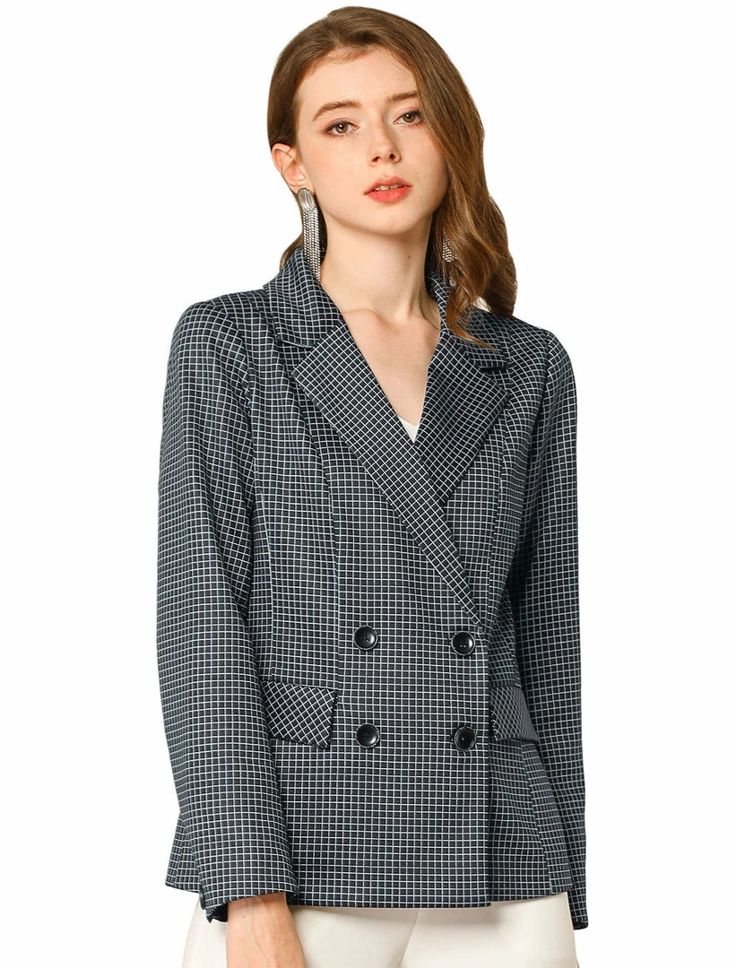 Allegra K Women's Plaid Gingham Double Breasted Open Front Formal Blazer Jacket 3 Allegra K Women's Plaid Gingham Double Breasted Open Front Formal Blazer Jacket