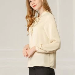 Allegra K Women's Ruffle Decor Tie Split V Neck Long Sleeves Solid Work Top