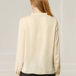 Allegra K Women's Ruffle Decor Tie Split V Neck Long Sleeves Solid Work Top