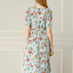 Allegra K Women's Vintage V Neck Floral Print Belted Below Knee Faux Wrap Dress