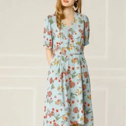 Allegra K Women's Vintage V Neck Floral Print Belted Below Knee Faux Wrap Dress