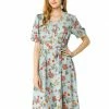 Allegra K Women's Vintage V Neck Floral Print Belted Below Knee Faux Wrap Dress