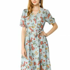 Allegra K Women's Vintage V Neck Floral Print Belted Below Knee Faux Wrap Dress