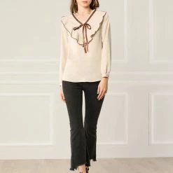 Allegra K Women's Long Sleeve Chiffon Casual Tie V Neck Ruffled Blouse Tops