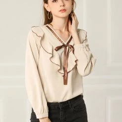 Allegra K Women's Long Sleeve Chiffon Casual Tie V Neck Ruffled Blouse Tops