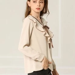 Allegra K Women's Long Sleeve Chiffon Casual Tie V Neck Ruffled Blouse Tops