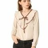 Allegra K Women's Long Sleeve Chiffon Casual Tie V Neck Ruffled Blouse Tops