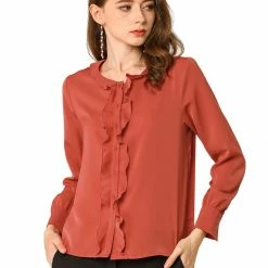 Allegra K Women's Casual Tops Long Sleeves Blouse Ruffle Button Down Shirt