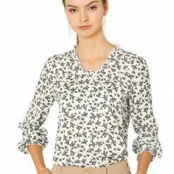 Allegra K Women's Floral Print Ruffle Neck Blouse Long Sleeves Button Down Peasant Shirt Top