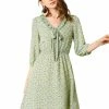 Allegra K Women's Ruffle Neck Drop Waist Bow Tie Loose Flowy Floral Dress