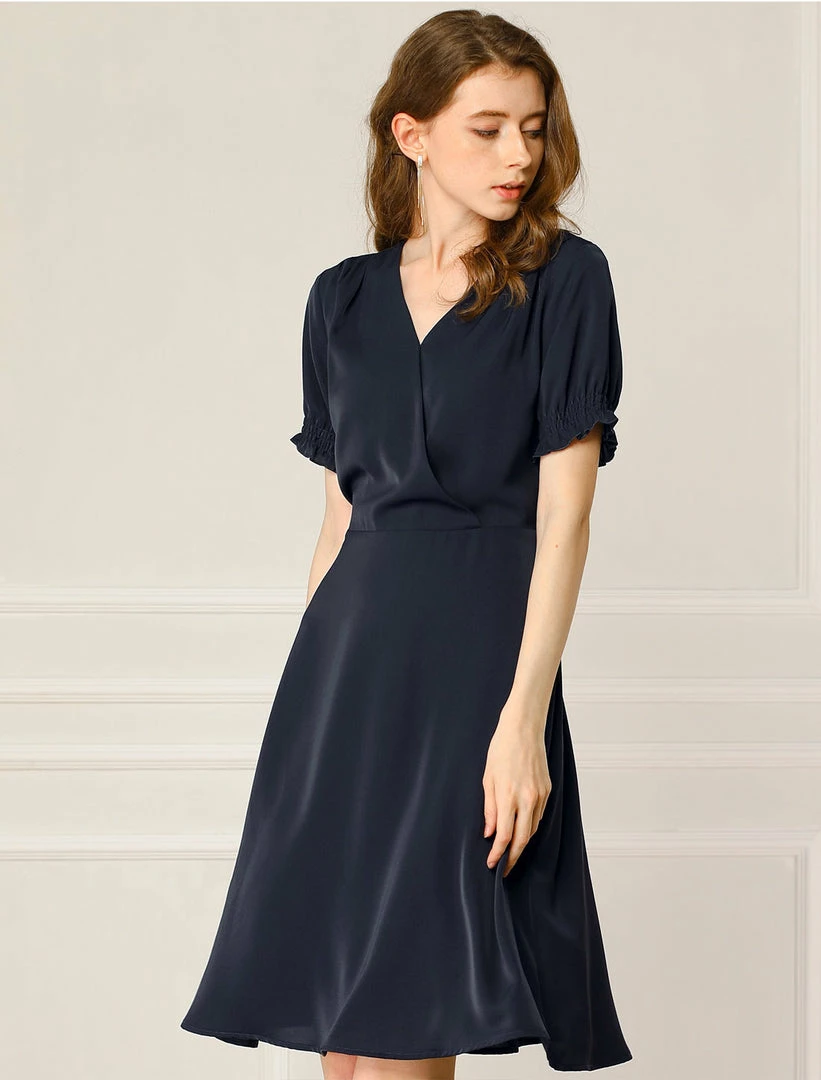 Allegra K Women's Cross V Neck Cinch Sleeves Elastic A-Line Dress 4 Allegra K Women's Cross V Neck Cinch Sleeves Elastic A-Line Dress