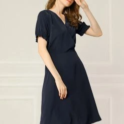 Allegra K Women's Cross V Neck Cinch Sleeves Elastic A-Line Dress 16 Allegra K Women's Cross V Neck Cinch Sleeves Elastic A-Line Dress