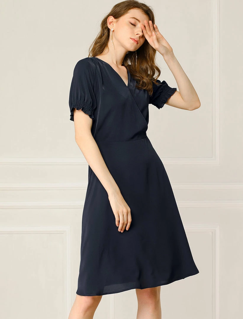 Allegra K Women's Cross V Neck Cinch Sleeves Elastic A-Line Dress 5 Allegra K Women's Cross V Neck Cinch Sleeves Elastic A-Line Dress