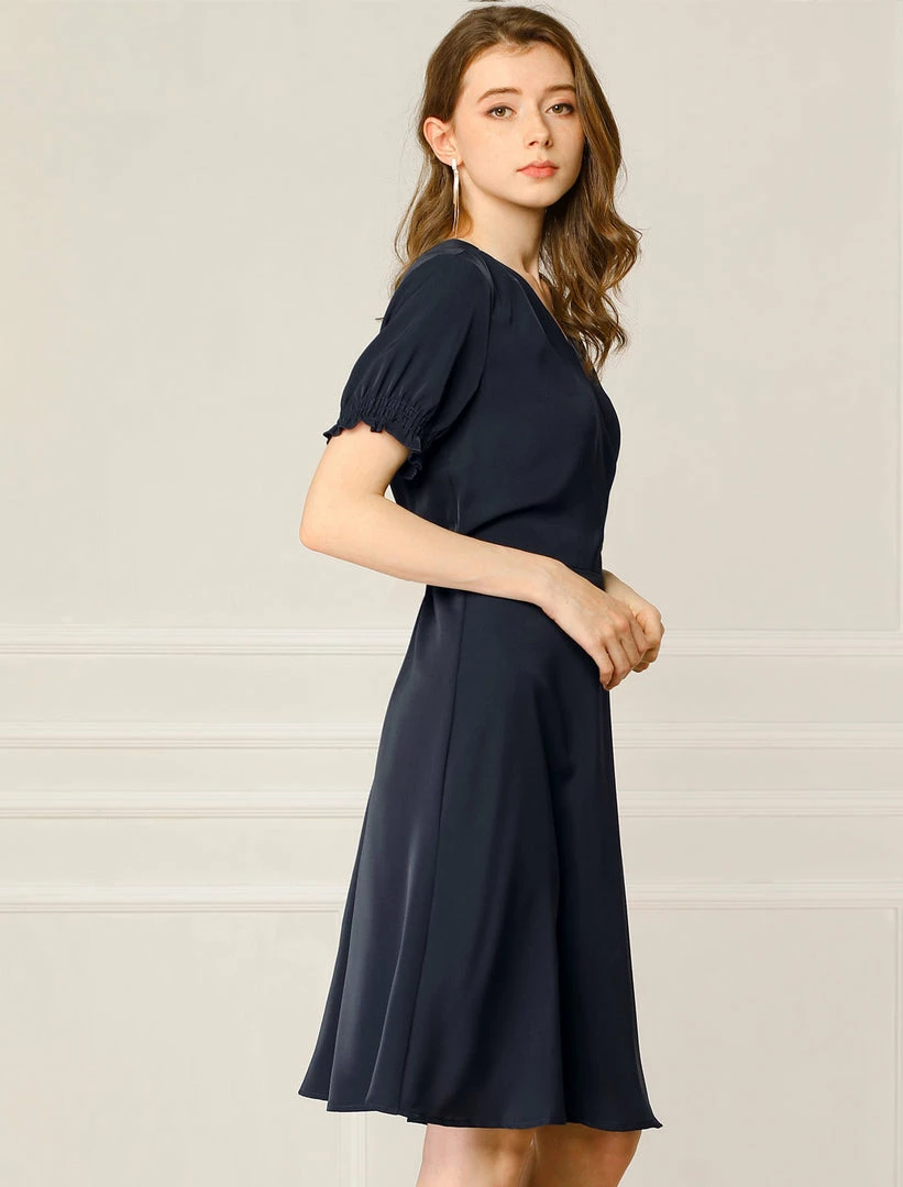 Allegra K Women's Cross V Neck Cinch Sleeves Elastic A-Line Dress 6 Allegra K Women's Cross V Neck Cinch Sleeves Elastic A-Line Dress