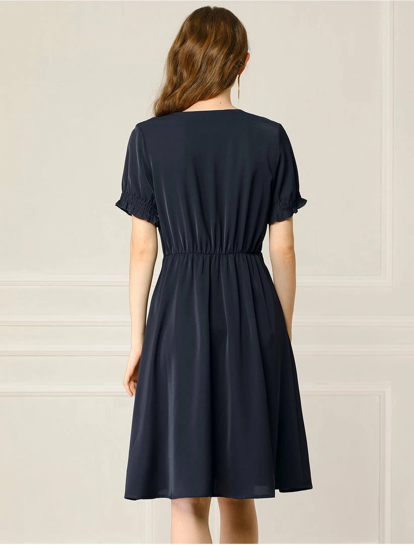 Allegra K Women's Cross V Neck Cinch Sleeves Elastic A-Line Dress 7 Allegra K Women's Cross V Neck Cinch Sleeves Elastic A-Line Dress