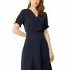 Allegra K Women's Cross V Neck Cinch Sleeves Elastic A-Line Dress