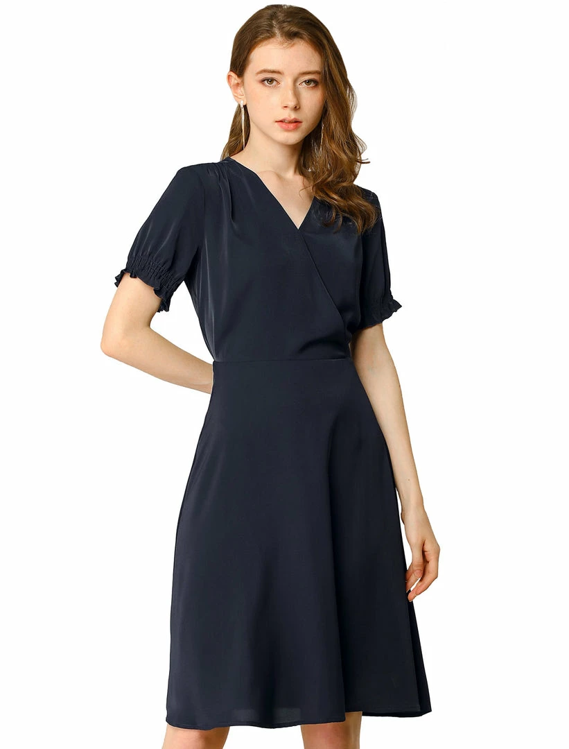 Allegra K Women's Cross V Neck Cinch Sleeves Elastic A-Line Dress 3 Allegra K Women's Cross V Neck Cinch Sleeves Elastic A-Line Dress