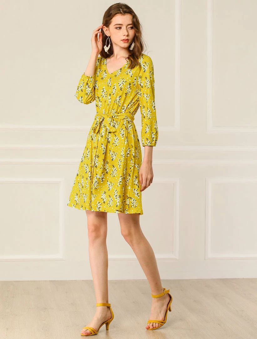 Allegra K Women's V Neck 3/4 Sleeve Belted Floral Prints Dress 5 Allegra K Women's V Neck 3/4 Sleeve Belted Floral Prints Dress