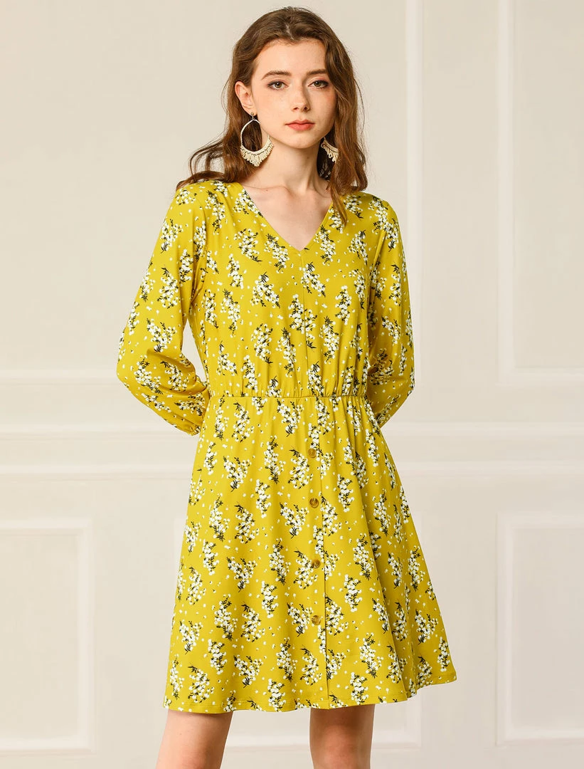 Allegra K Women's V Neck 3/4 Sleeve Belted Floral Prints Dress 7 Allegra K Women's V Neck 3/4 Sleeve Belted Floral Prints Dress