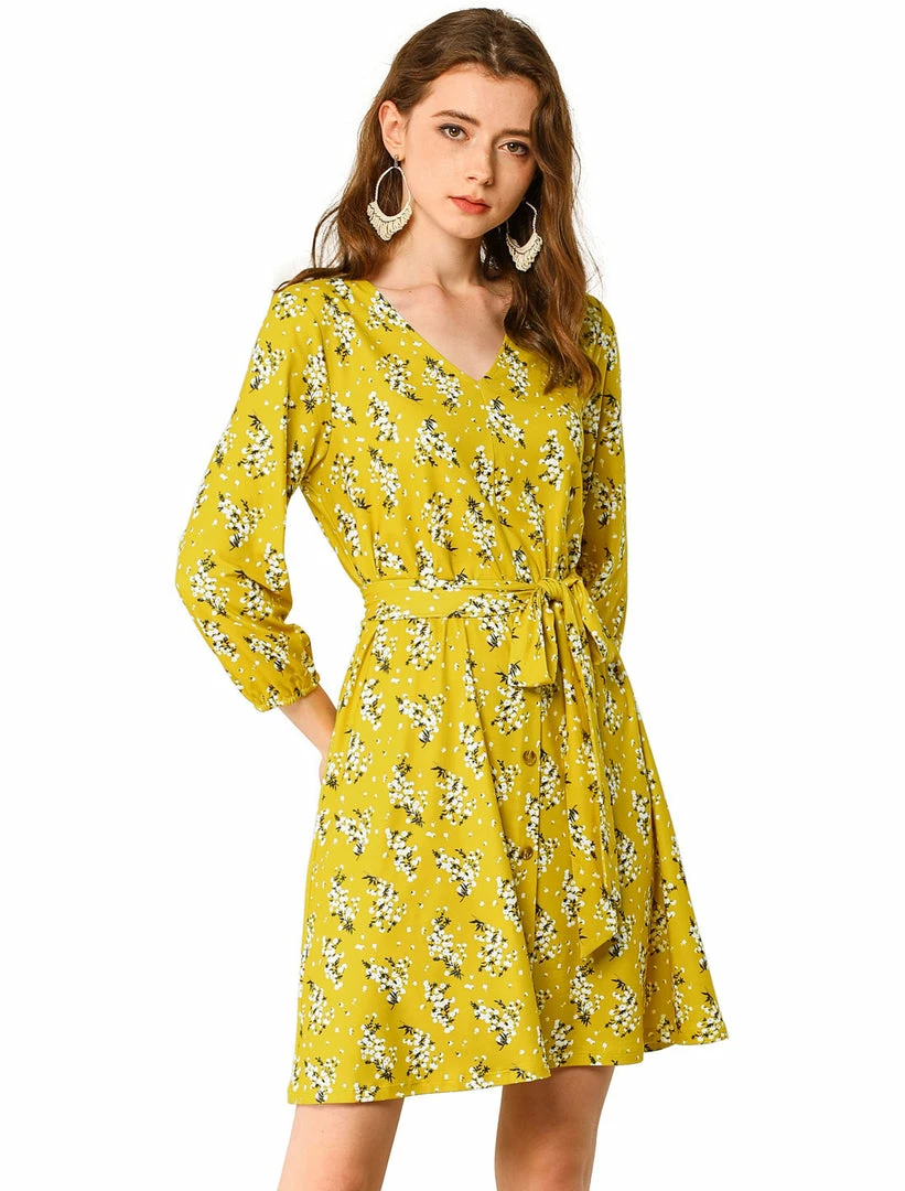 Allegra K Women's V Neck 3/4 Sleeve Belted Floral Prints Dress 3 Allegra K Women's V Neck 3/4 Sleeve Belted Floral Prints Dress