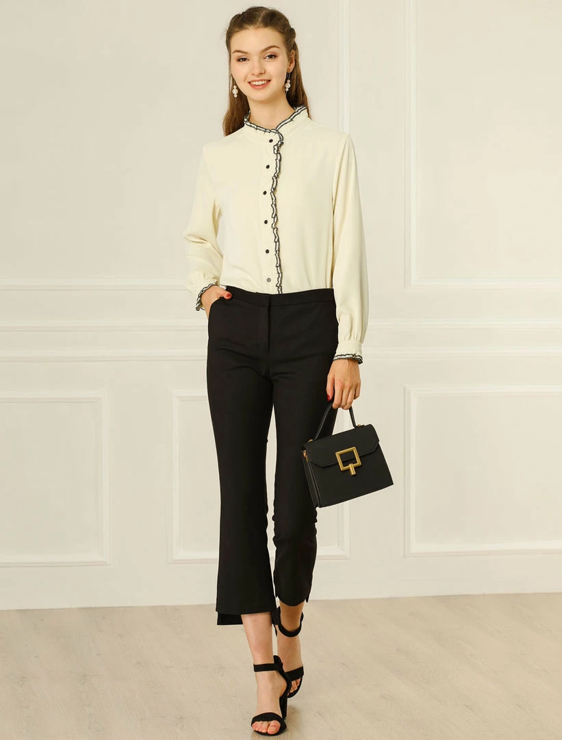 Allegra K Women Ruffle Stand Collar Shirt Button Down Office Work Chiffon Long Sleeve Top 4 Allegra K Women Ruffle Stand Collar Shirt Button Down Office Work Chiffon Long Sleeve Top