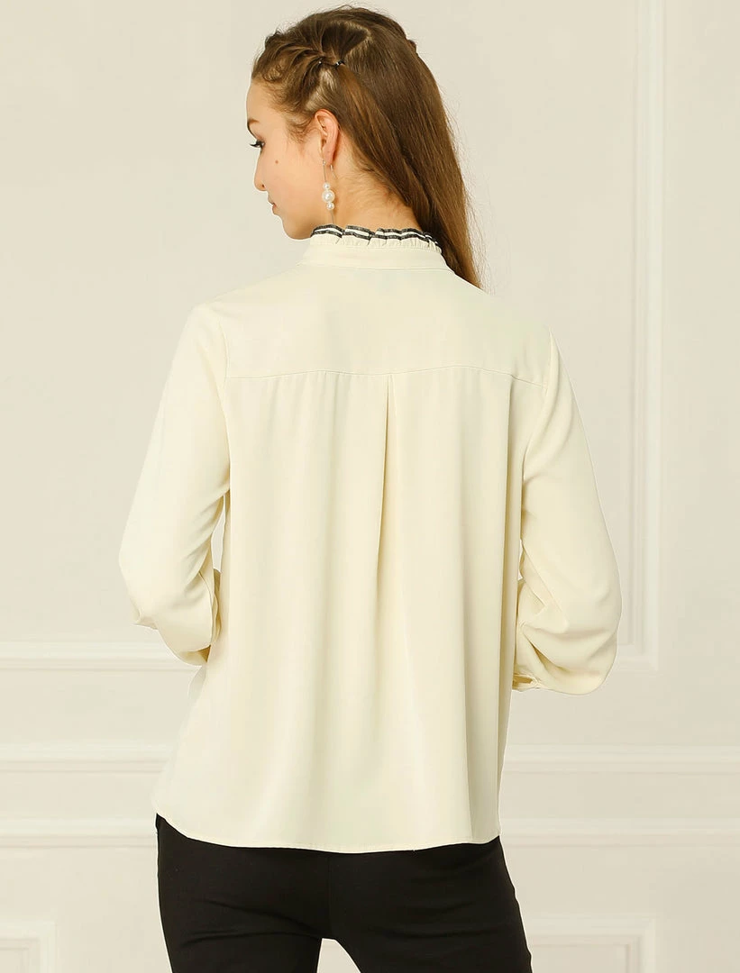 Allegra K Women Ruffle Stand Collar Shirt Button Down Office Work Chiffon Long Sleeve Top 7 Allegra K Women Ruffle Stand Collar Shirt Button Down Office Work Chiffon Long Sleeve Top