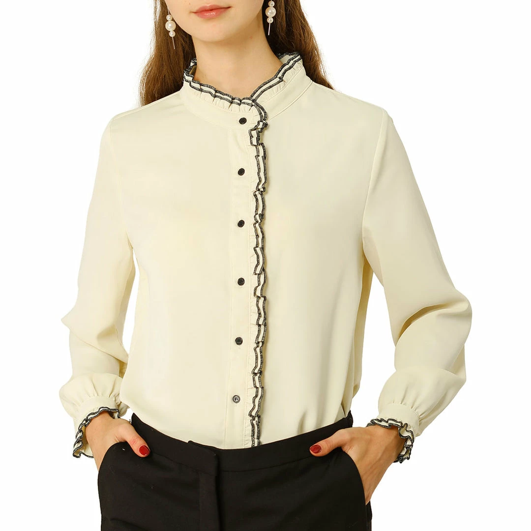 Allegra K Women Ruffle Stand Collar Shirt Button Down Office Work Chiffon Long Sleeve Top 3 Allegra K Women Ruffle Stand Collar Shirt Button Down Office Work Chiffon Long Sleeve Top