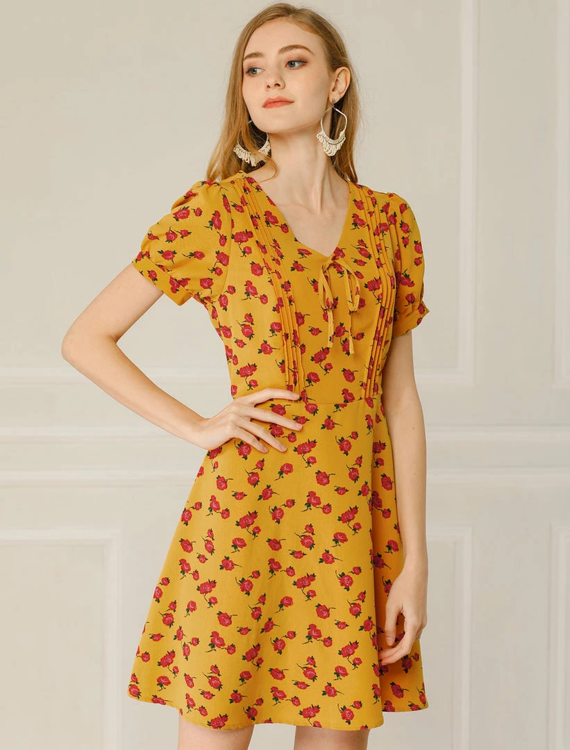 Allegra K Women's Short Sleeve Casual Petite Cute Tie V Neck Floral A-Line Dress 4 Allegra K Women's Short Sleeve Casual Petite Cute Tie V Neck Floral A-Line Dress