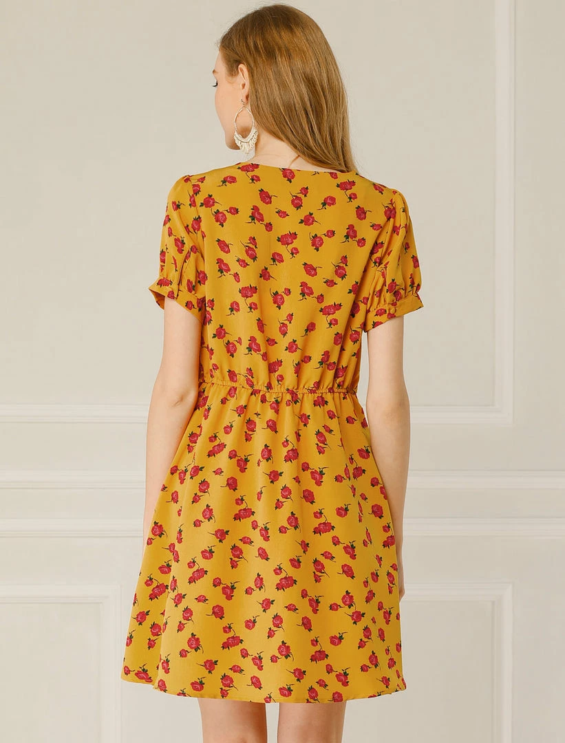 Allegra K Women's Short Sleeve Casual Petite Cute Tie V Neck Floral A-Line Dress 7 Allegra K Women's Short Sleeve Casual Petite Cute Tie V Neck Floral A-Line Dress