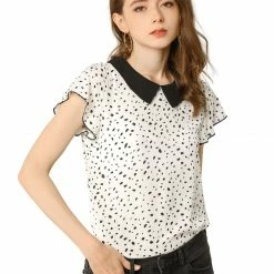 Allegra K Women's Irregular Polka Dot Blouse Flare Sleeve Contrast Collar Top Shirt