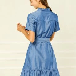 Allegra K Women's Half Placket Ruffle Belted A Line Short Sleeve Shirt Dress