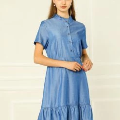 Allegra K Women's Half Placket Ruffle Belted A Line Short Sleeve Shirt Dress