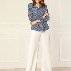 Allegra K Women's Geometric Prints Long Sleeve Work V-Neck Tops Shirt Blouse