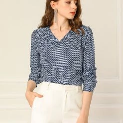 Allegra K Women's Geometric Prints Long Sleeve Work V-Neck Tops Shirt Blouse