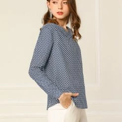 Allegra K Women's Geometric Prints Long Sleeve Work V-Neck Tops Shirt Blouse