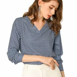 Allegra K Women's Geometric Prints Long Sleeve Work V-Neck Tops Shirt Blouse